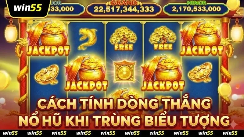 Banner đồ họa về cách tính dòng thắng khi trùng biểu tượng trên giao diện trò chơi nổ hũ chuyên nghiệp tại WIN55.